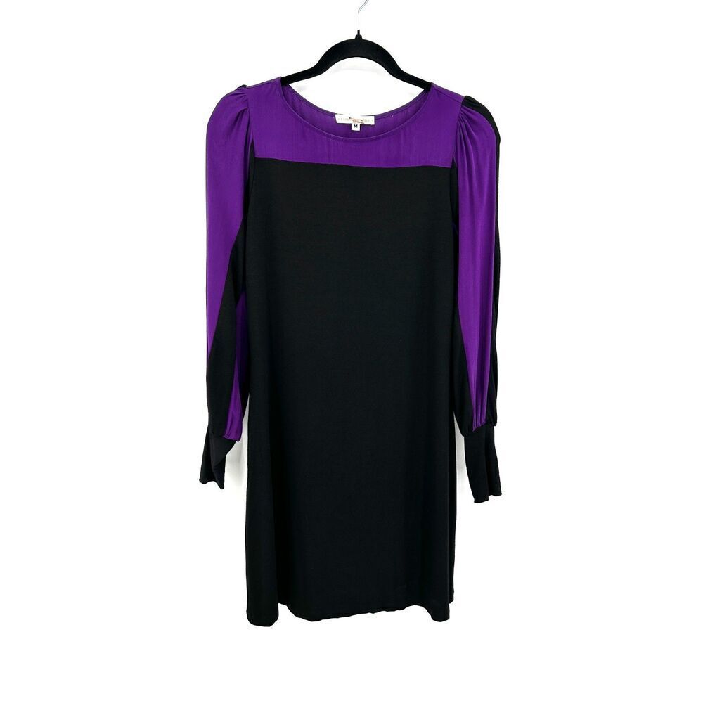 COREY LYNN CALTER Black Purple Silk Colorblock Long Sleeve Dress Size Medium